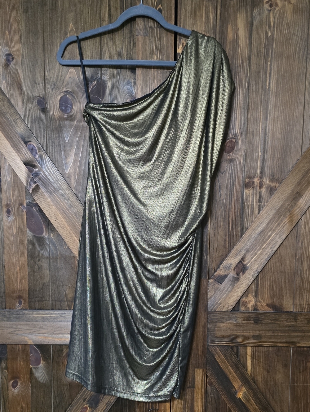Grace Karin One-Shoulder Metallic Gold Draped Dress